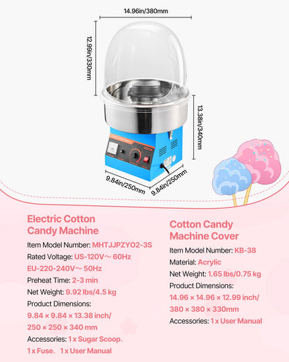 Electric Cotton Candy Machine, 1000W Commercial Floss Maker With Cover, Commercial Cotton Candy Machine w/Stainless Steel Bowl & Sugar Scoop, Ideal for Carnival, Birthday, Family Party, Blue