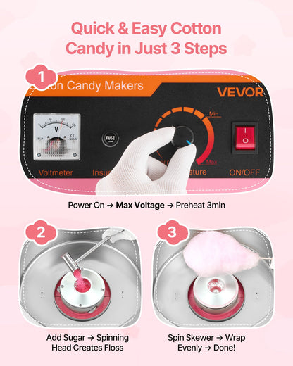 Electric Cotton Candy Machine, 1000W Electric Floss Maker With Cover, Commercial Cotton Candy Machine w/Stainless Steel Bowl & Sugar Scoop, Ideal for Home, Carnival, Birthday, Family Party, Pink