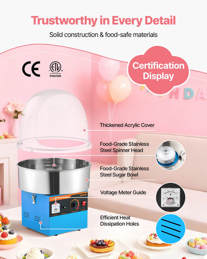 Electric Cotton Candy Machine, 1000W Electric Floss Maker With Cover, Commercial Cotton Candy Machine w/Stainless Steel Bowl & Sugar Scoop, Ideal for Home, Carnival, Birthday, Family Party, Blue