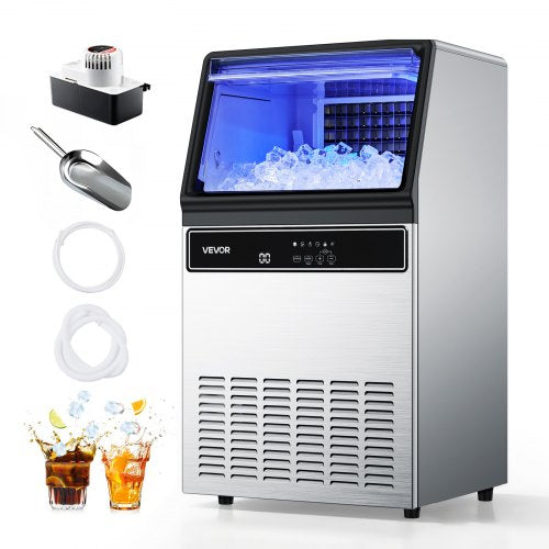 Commercial Ice Maker Machine with Pump, 59 KG/24H with 15 KG Storage, 45 Cubes per Cycle, Freestanding & Under Counter Ice Maker with LED Display & Self-Cleaning, for Home Bar Restaurant