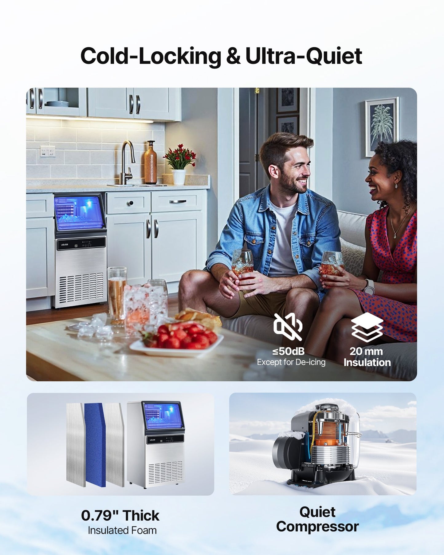 Commercial Ice Maker Machine with Pump, 59 KG/24H with 15 KG Storage, 45 Cubes per Cycle, Freestanding & Under Counter Ice Maker with LED Display & Self-Cleaning, for Home Bar Restaurant