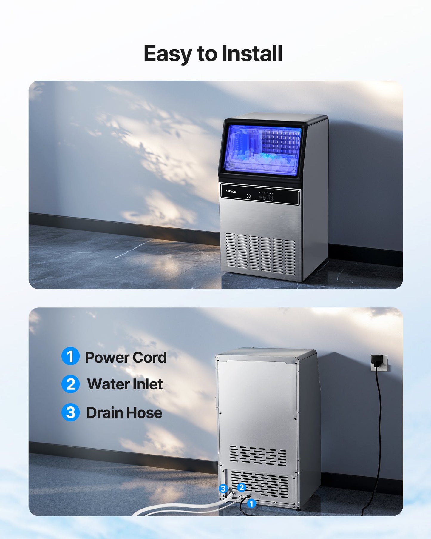 Commercial Ice Maker Machine with Pump, 59 KG/24H with 15 KG Storage, 45 Cubes per Cycle, Freestanding & Under Counter Ice Maker with LED Display & Self-Cleaning, for Home Bar Restaurant