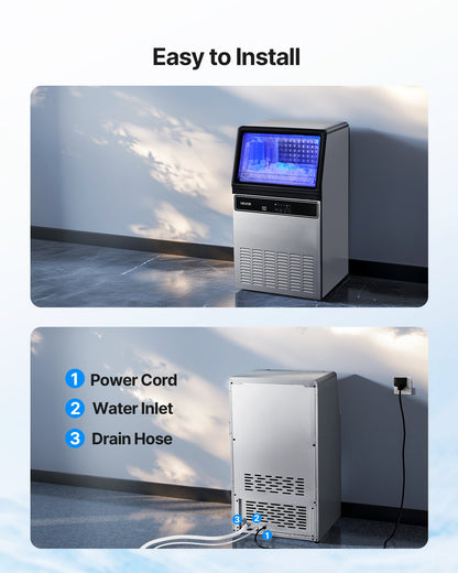 Commercial Ice Maker Machine with Pump, 59 KG/24H with 15 KG Storage, 45 Cubes per Cycle, Freestanding & Under Counter Ice Maker with LED Display & Self-Cleaning, for Home Bar Restaurant