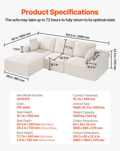 Modular Sectional Sofa, L Shaped Modular Sofa with Chaise, Cloud Sectional Couch with High Rebound Sponge and Density, Upholstered Corduroy Couch with Cushion for Living Room, Apartment, Beige