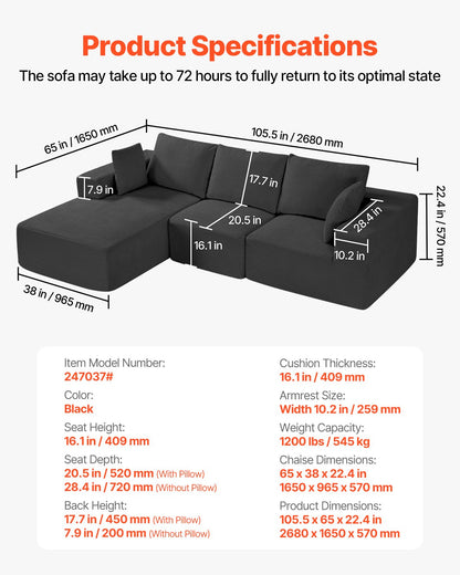 Modular Sectional Sofa, L Shaped Modular Sofa with Chaise, Cloud Sectional Couch with High Rebound Sponge and Density, Upholstered Corduroy Couch with Cushion for Living Room, Bedroom, Black