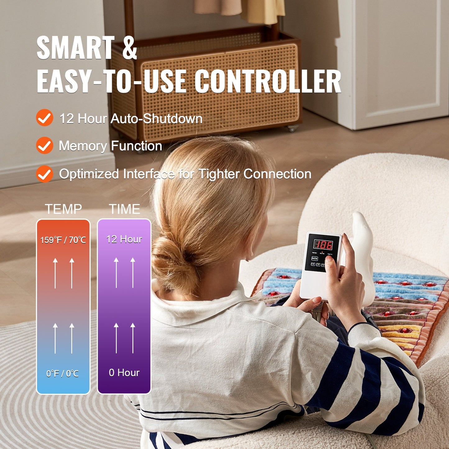 Far Infrared Heating Pad, 103-159℉ Amethyst Heating Pad, 5 Natural Crystal Gemstones Mat with 660nm Photon Light, Negative Ions, 0-720 Min Timer for Back Waist Shoulder Pain Relief (40" x 20")