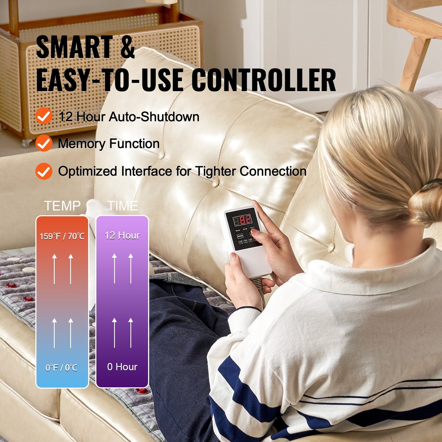 Far Infrared Heating Pad, Amethyst Heating Pad with Jade & Tourmaline Stones, 660nm Photon Light & Negative Ions, 103-159℉ Hot Gemstone Mat with 0-720 Min Timer for Waist Shoulder (60" x 24")