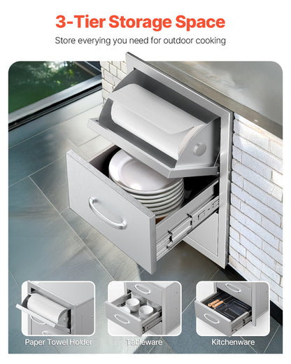 Outdoor Kitchen Drawers, 16.5"W x 29"H x 20.5"D Triple Access Drawers, Stainless Steel Flush Mount Cabinets, BBQ Island Drawers Storage with Paper Towel Holder & Handle, for Patio Grill Station