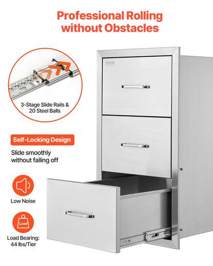 Lådor för utekök, 46 cm B x 51 cm H x 51 cm D Trippelåtkomliga lådor, infällda skåp i rostfritt stål, förvaring med grillö och handtag, för utekök eller grillstation på uteplatsen