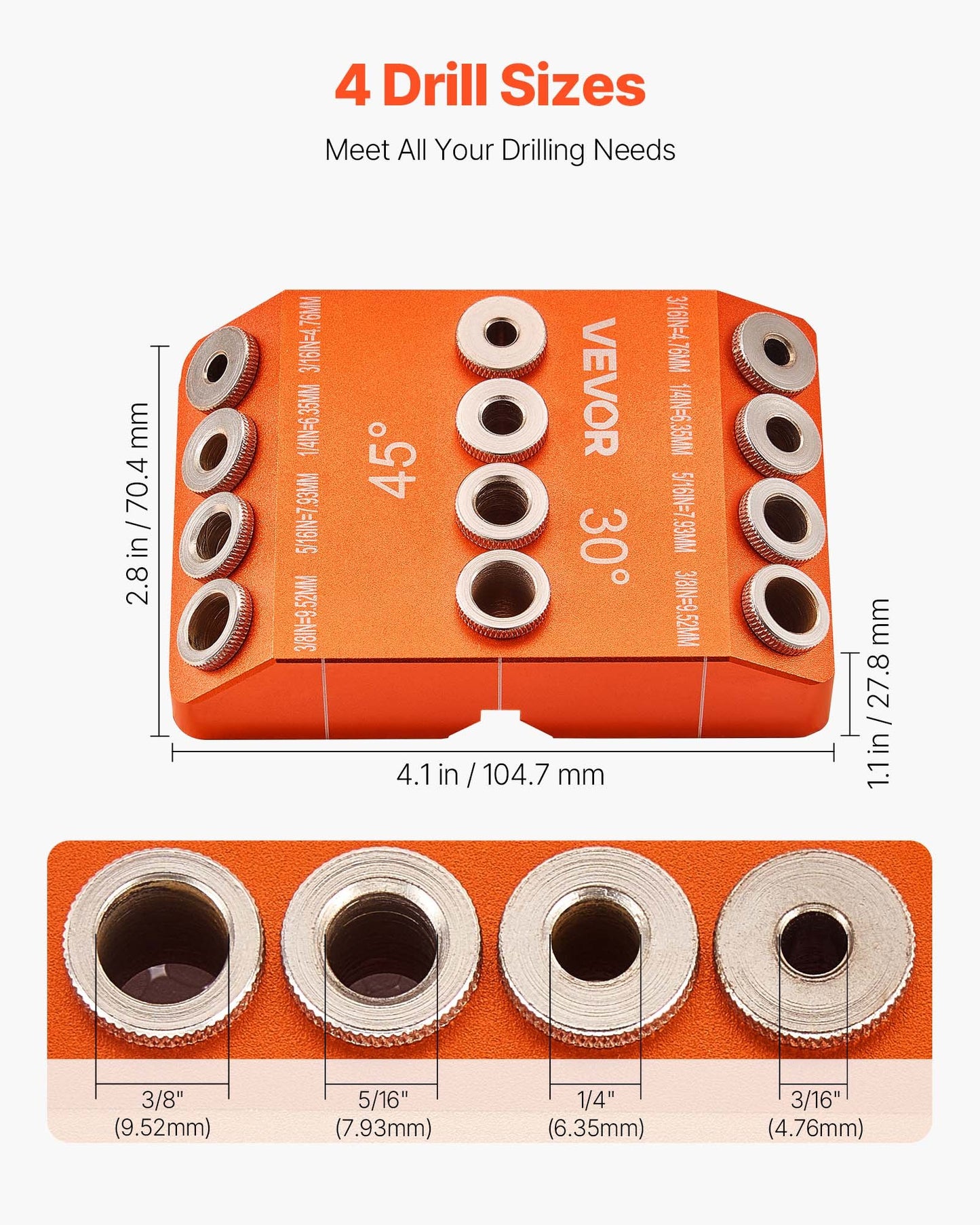 Drill Guide, 30/ 45/ 90 Degree Angle 4 Sizes Portable Precision Drilling Guide Jig, for Drilling Angled or Horizontal Holes, Aluminum Alloy, for Deck Cable Railing Wood Post Stair Handrail