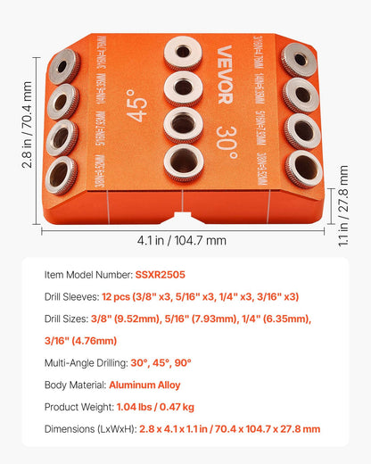 Drill Guide, 30/ 45/ 90 Degree Angle 4 Sizes Portable Precision Drilling Guide Jig, for Drilling Angled or Horizontal Holes, Aluminum Alloy, for Deck Cable Railing Wood Post Stair Handrail