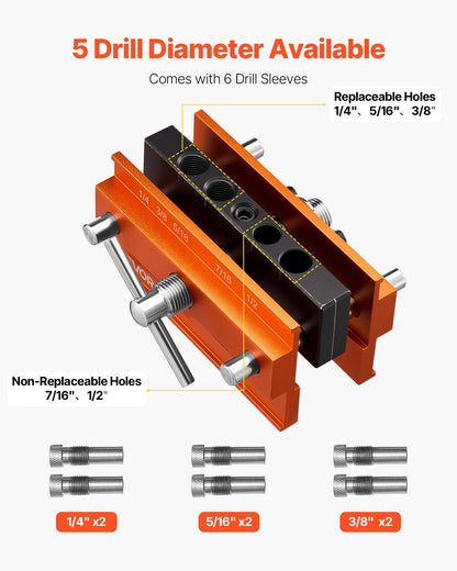 Doweling Jig Kit, Self Centering Dowel Drill Jig for Straight Holes, Aluminum Alloy Woodworking Tools with 6 Drill Guide Bushings, Adjustable Width, for Wood Working, Drilling and Marking