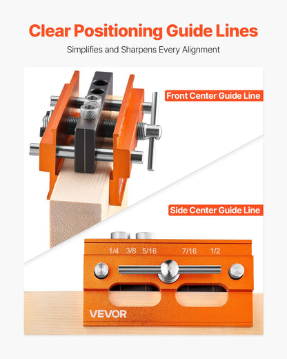 Doweling Jig Kit, Self Centering Dowel Drill Jig for Straight Holes, Aluminum Alloy Woodworking Tools with 6 Drill Guide Bushings, Adjustable Width, for Wood Working, Drilling and Marking