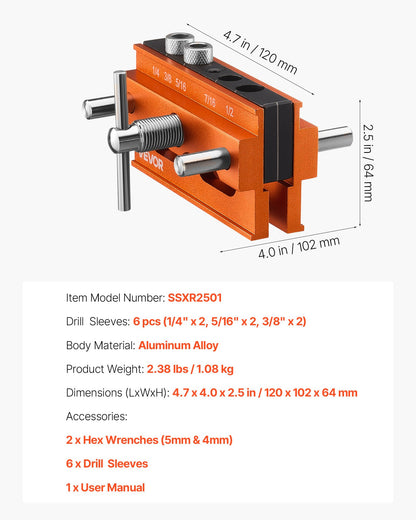 Doweling Jig Kit, Self Centering Dowel Drill Jig for Straight Holes, Aluminum Alloy Woodworking Tools with 6 Drill Guide Bushings, Adjustable Width, for Wood Working, Drilling and Marking