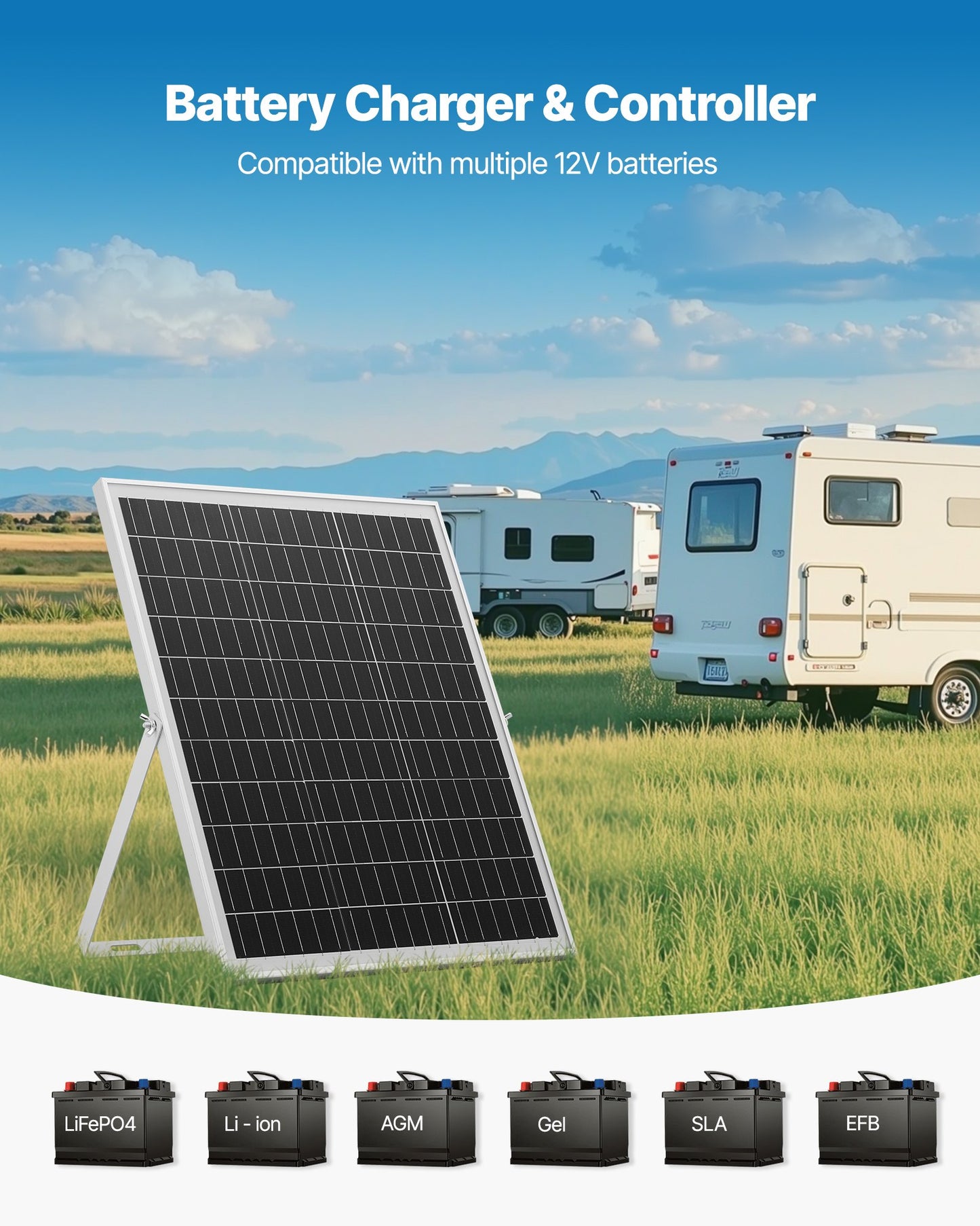 25W 12V Solar Panel Battery Charger, Solar Battery Trickle Charger Maintainer with Intelligent MPPT Controller & Adjustable Mount Bracket, IP67 Waterproof for Car Boat RV Motorcycle Trailer