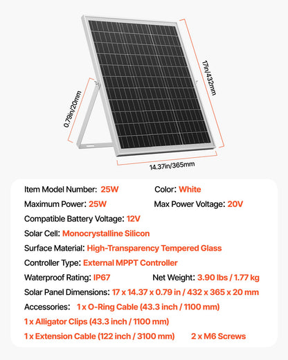 25W 12V Solar Panel Battery Charger, Solar Battery Trickle Charger Maintainer with Intelligent MPPT Controller & Adjustable Mount Bracket, IP67 Waterproof for Car Boat RV Motorcycle Trailer
