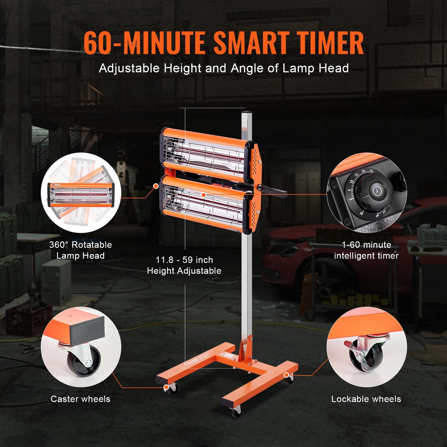 Infraröd härdningslampa, 2200W 1–60 min timer, automatisk uppvärmning av härdningslampa för bil med fäste, 5,17 kvm bakyta, sprayvärmare för bakning, färgtork för reparation på plats, motortorkning