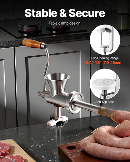 Manuell köttkvarn, köttkvarn i 304 rostfritt stål med handvev och stålbordsklämma, korvfyllare med 2 skärplattor och 4 korvrör, matkvarn för nötkött, chili, fläskkött, köksbord