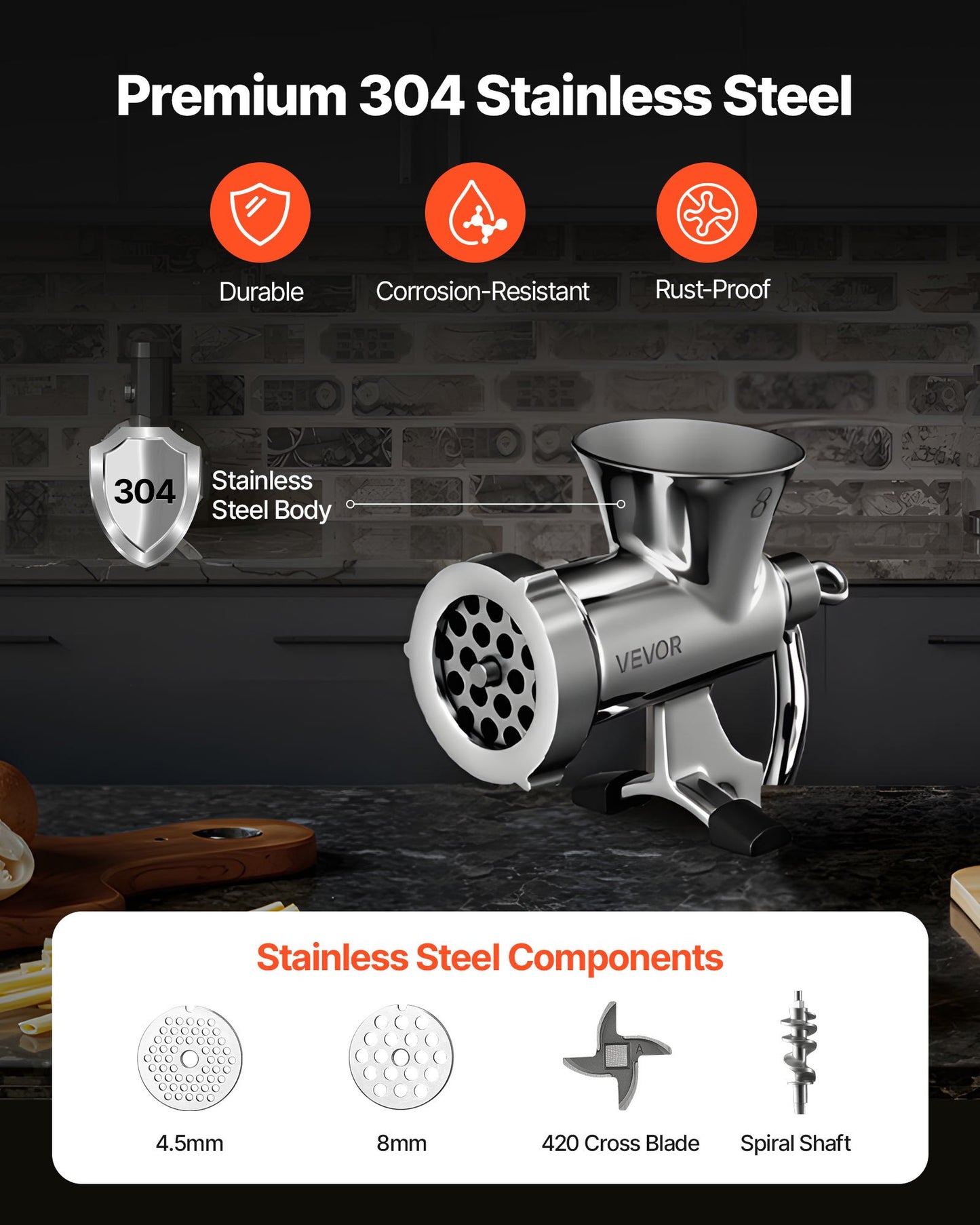 Manuell köttkvarn, köttkvarn i 304 rostfritt stål med handvev och stålbordsklämma, korvfyllare med 2 skärplattor och korvrör, matkvarn för nötkött, chili, fläskkött, köksbord