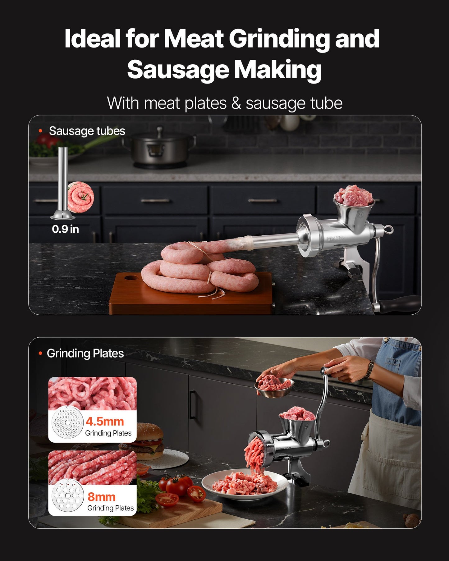 Manuell köttkvarn, köttkvarn i 304 rostfritt stål med handvev och stålbordsklämma, korvfyllare med 2 skärplattor och korvrör, matkvarn för nötkött, chili, fläskkött, köksbord