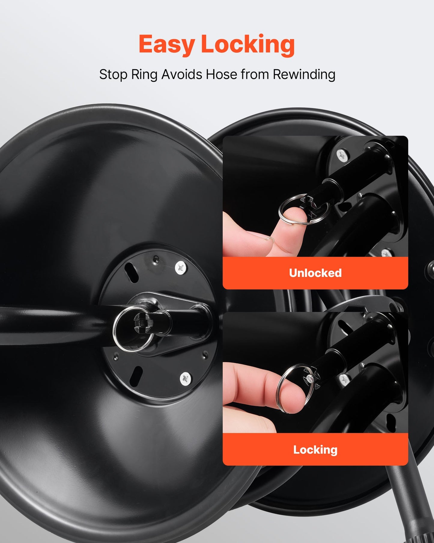 Högtryckstvättsslangvinda, 15,2 mx 9,5 mm kraftig slangvinda i stål för montering på konsol, vägg-/golv-/lastbilsmontering, max 4000 PSI, manuell vev för vatten, med grepphandtag