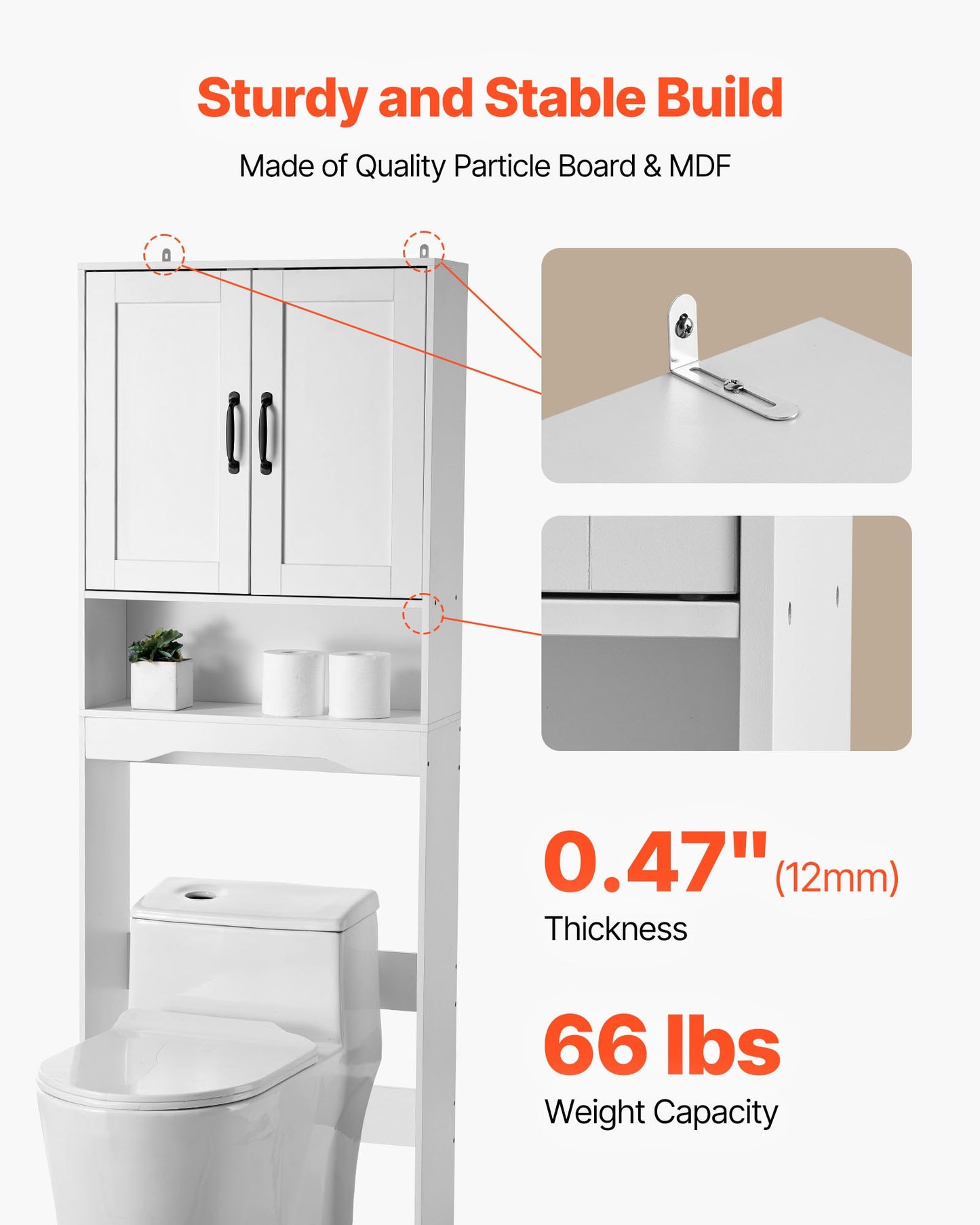 Over The Toilet Storage Cabinet, 165.1 cm Height Bathroom Storage Organizer with Double Door and Adjustable Shelf, Bathroom Space Saver Organizer Above Toilet with Open Shelf, White