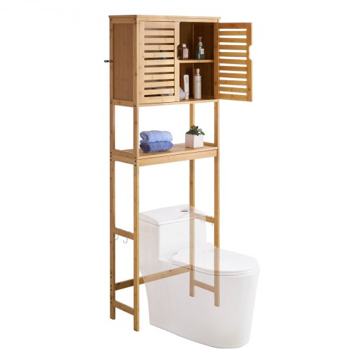 Bamboo Over The Toilet Storage Cabinet, 175 cm Height Bathroom Storage Organizer with Double Door & Inner Adjustable Shelf, Bathroom Space Saver Organizer Above Toilet with Open Shelf, Natural