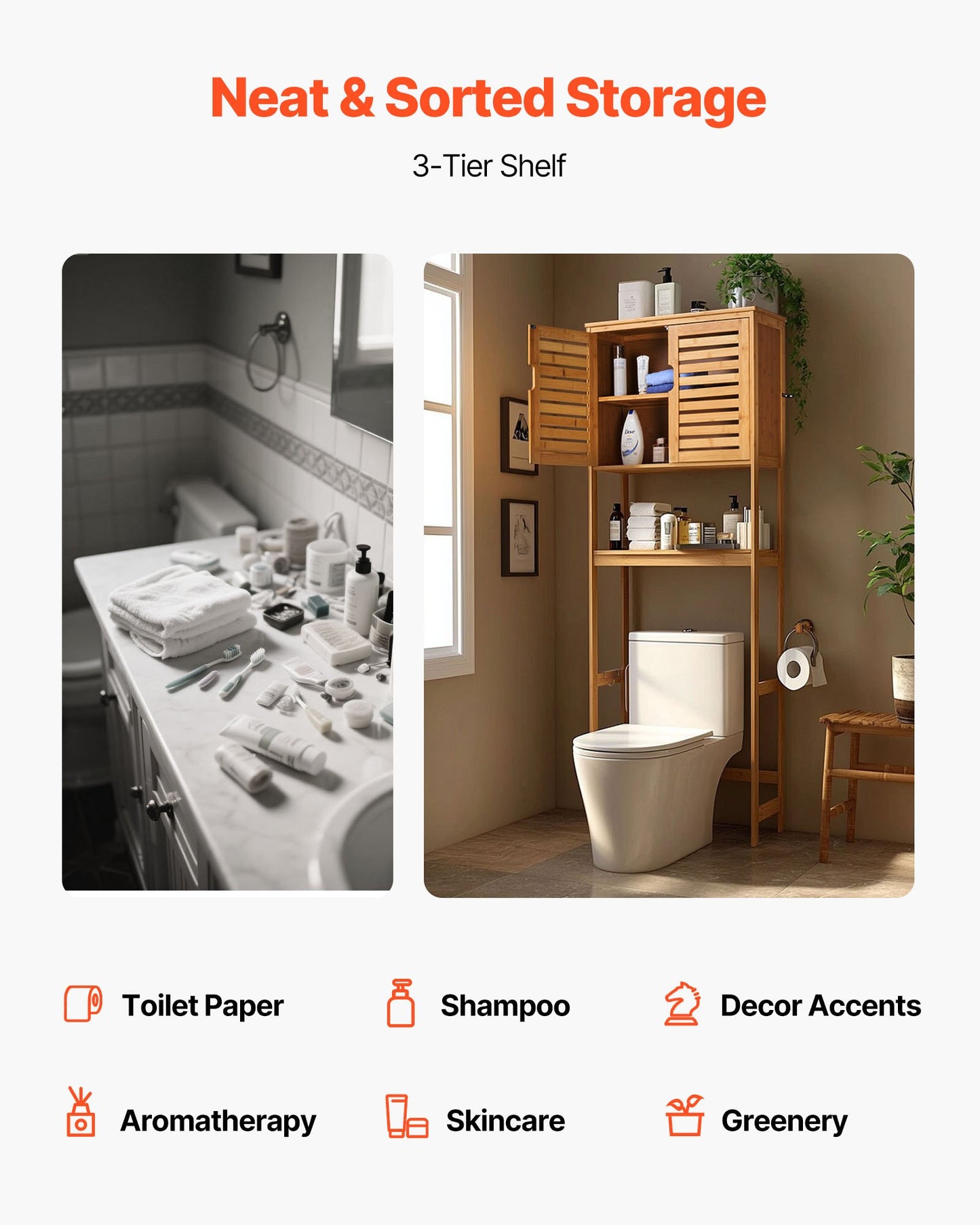 Bamboo Over The Toilet Storage Cabinet, 175 cm Height Bathroom Storage Organizer with Double Door & Inner Adjustable Shelf, Bathroom Space Saver Organizer Above Toilet with Open Shelf, Natural