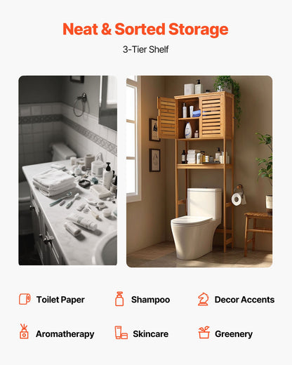 Bamboo Over The Toilet Storage Cabinet, 175 cm Height Bathroom Storage Organizer with Double Door & Inner Adjustable Shelf, Bathroom Space Saver Organizer Above Toilet with Open Shelf, Natural