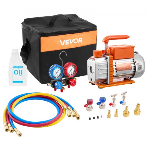 AC Vacuum Pump and Gauge Set, 3.5 CFM 99 L/min, Single Stage Rotary Vane HVAC Vacuum Pump, A/C Manifold Gauge Kit, for R134a R22 R410a R1234YF R32, with Carry Bag, for Auto HVAC Air Conditioning