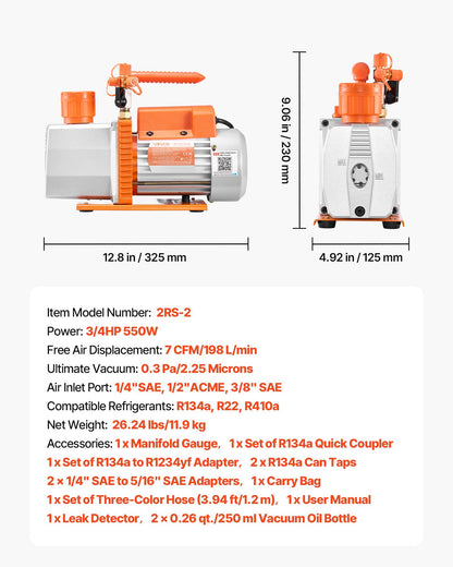 AC Vacuum Pump and Gauge Set, 7 CFM 198 L/min, Two Stage Rotary Vane HVAC Vacuum Pump, A/C Manifold Gauge Kit, for R134a R22 R410a, with Leak Detector Carry Bag, for Auto HVAC Air Conditioning