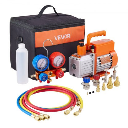 115 L/min AC Vacuum Pump and Gauge Set, Single Stage, Rotary Vane HVAC Air Vacuum Pump, A/C Refrigerant Manifold Gauge Kit, with Leak Detector, Carry Bag, for R134a R22 R410a R1234YF Refrigerant