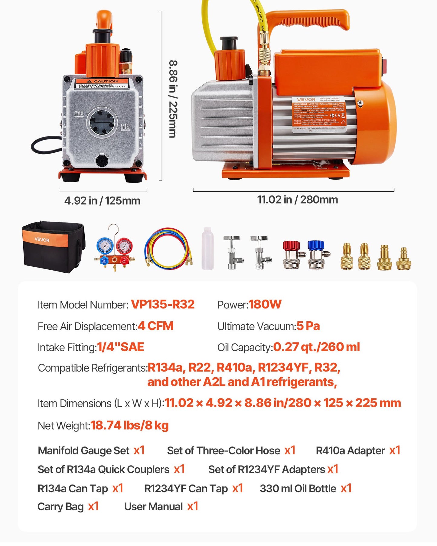 115 L/min AC Vacuum Pump and Gauge Set, Single Stage, Rotary Vane HVAC Air Vacuum Pump, A/C Refrigerant Manifold Gauge Kit, with Leak Detector, Carry Bag, for R134a R22 R410a R1234YF Refrigerant