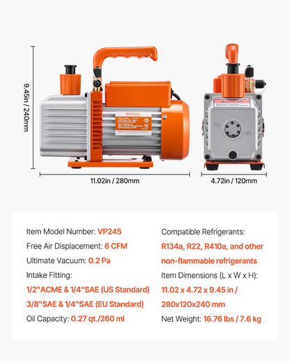 Vacuum Pump, 367 L/min(6 CFM), HVAC 2 Stage Rotary Vane Vacuum Pump, for R134a R22 R410a Systems, Auto AC Vacuum Pump Kit with Oil Bottle, for Automotive Air Conditioner Maintenance Resin Degassing