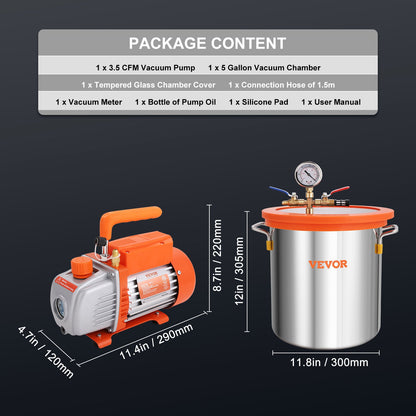 18.9 L Vacuum Chamber and 3.5 CFM Pump Kit, Tempered Glass Lid Vacuum Degassing Chamber Kit, Single Stage Vacuum Pump with 250 ml Oil Bottle, for Stabilizing Wood, Degassing Silicones, Epoxies