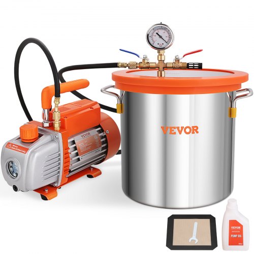 11.4 L Vacuum Chamber and 3.5 CFM Pump Kit, Tempered Glass Lid Vacuum Degassing Chamber Kit, Single Stage Vacuum Pump with 250 ml Oil Bottle, for Stabilizing Wood, Degassing Silicones, Epoxies