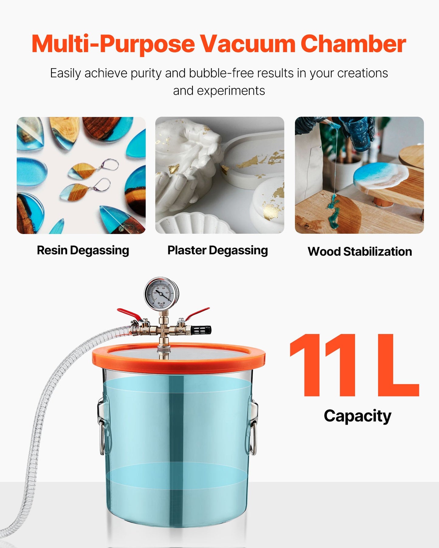 11,36 l vakuumkammare med pump, 110 l/min, rostfritt stål, avgasningskammarsats, enstegsvakuumpump, lock av härdat glas, 1,5 m slang, olja, för stabilisering av träavgasning silikonharts