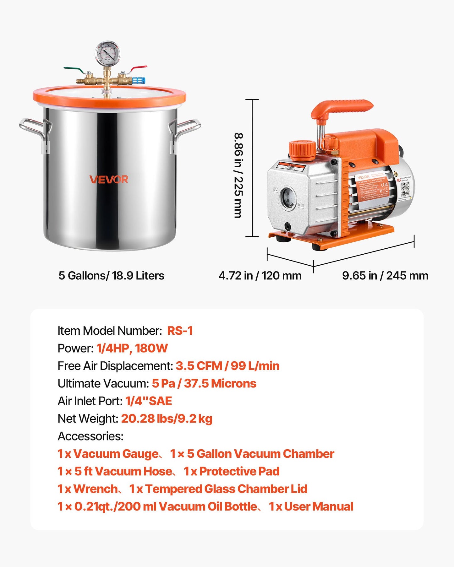 18.93 L Vacuum Chamber with Pump, 3.5 CFM 99 L/min, Single Stage Vacuum Pump, Stainless Steel Degassing Chamber Kit, Tempered Glass Lid, 1.5 m Hose, for Stabilizing Wood Degassing Silicone Resin