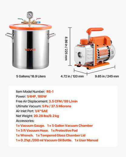 18.93 L Vacuum Chamber with Pump, 3.5 CFM 99 L/min, Single Stage Vacuum Pump, Stainless Steel Degassing Chamber Kit, Tempered Glass Lid, 1.5 m Hose, for Stabilizing Wood Degassing Silicone Resin