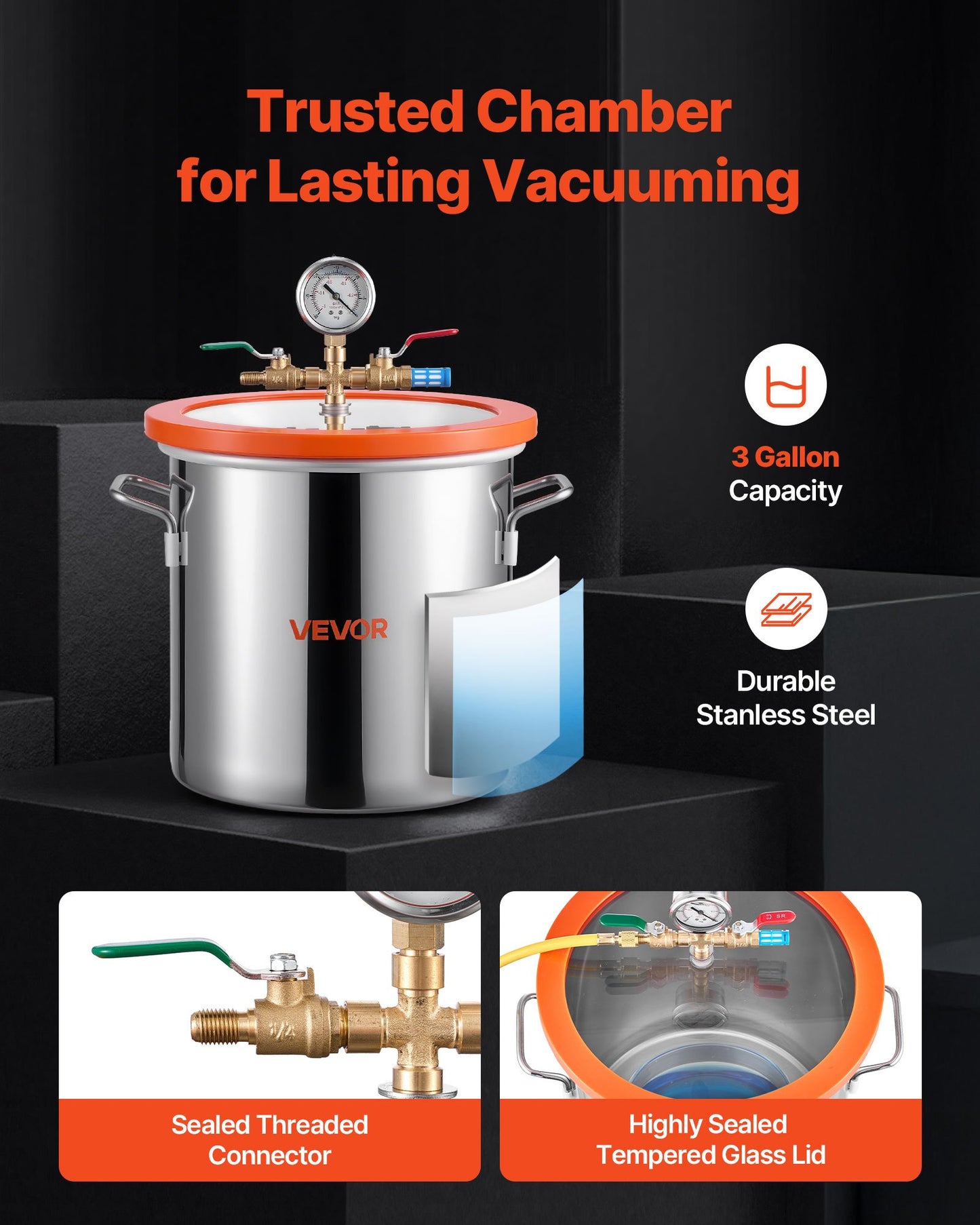 11.36 L Vacuum Chamber with Pump, 3.5 CFM 99 L/min, Single Stage Vacuum Pump, Stainless Steel Degassing Chamber Kit, Tempered Glass Lid, 1.5 m Hose, for Stabilizing Wood Degassing Silicone Resin