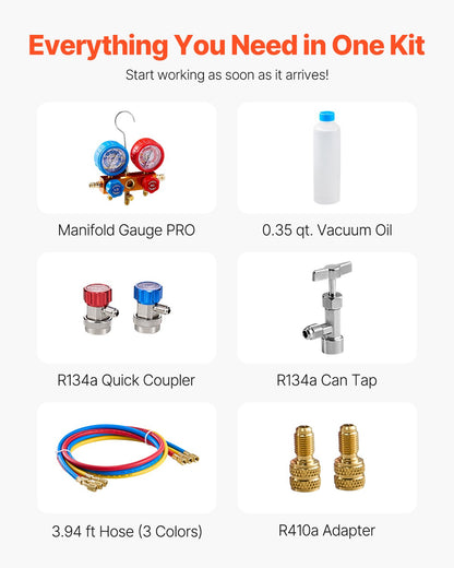 217 L/min(3.5 CFM) AC Vacuum Pump and Gauge Set, Single Stage Rotary Vane HVAC Air Vacuum Pump, A/C Refrigerant Manifold Gauge Kit, with Hoses, for R134a, R12, R22, R502a, R410A, R404, R407C Refrigerants