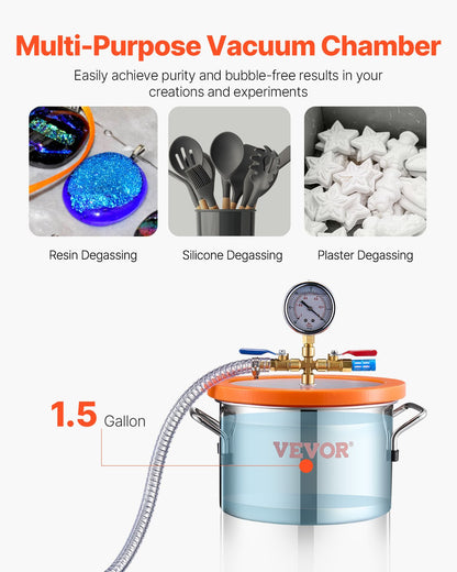 5.7 L(1.5 Gallon) Vacuum Chamber and 100 L/min(3.5 CFM) Pump Kit, Stainless Steel Chamber, Single Stage Vacuum Pump Degassing Chamber Kit, with Acrylic Lid, Oil, 1.5m(4.92 ft) Hose, for Degassing Resin Silicone Epoxies