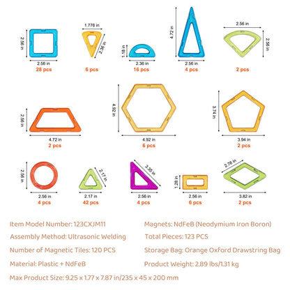 Magnetiska plattor, 123 delar magnetiska byggklossar för barn, magnetbyggset med hjulgrupper och pariserhjul, STEM-pedagogiska stapelleksaker, present till småbarn pojkar och flickor från 5 år