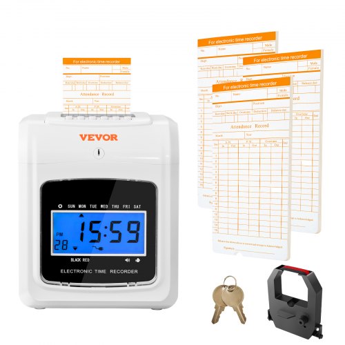 Time Card Time Clock Attendance Recorder with 102 Cardboard Cards 1 Badge Tape Timetable Arrival Departure 3 Teams 6 Punches/Day Auto Alignment for Clocking in Employees Office