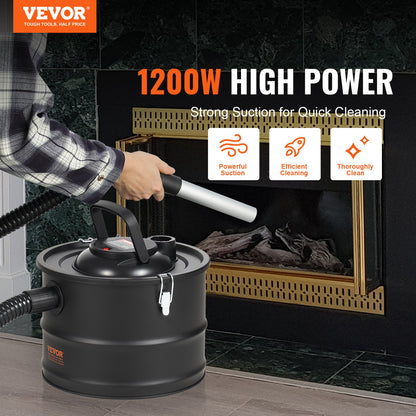 Ash Vacuum Cleaner, 15L with 1200W Powerful Suction, Fireplace Vacuum with Reverse Suction, 3M Power Cable, 16 Kpa Max. Vacuum, for Fireplaces, Pellet Stoves, Wood Stove, Log Burner