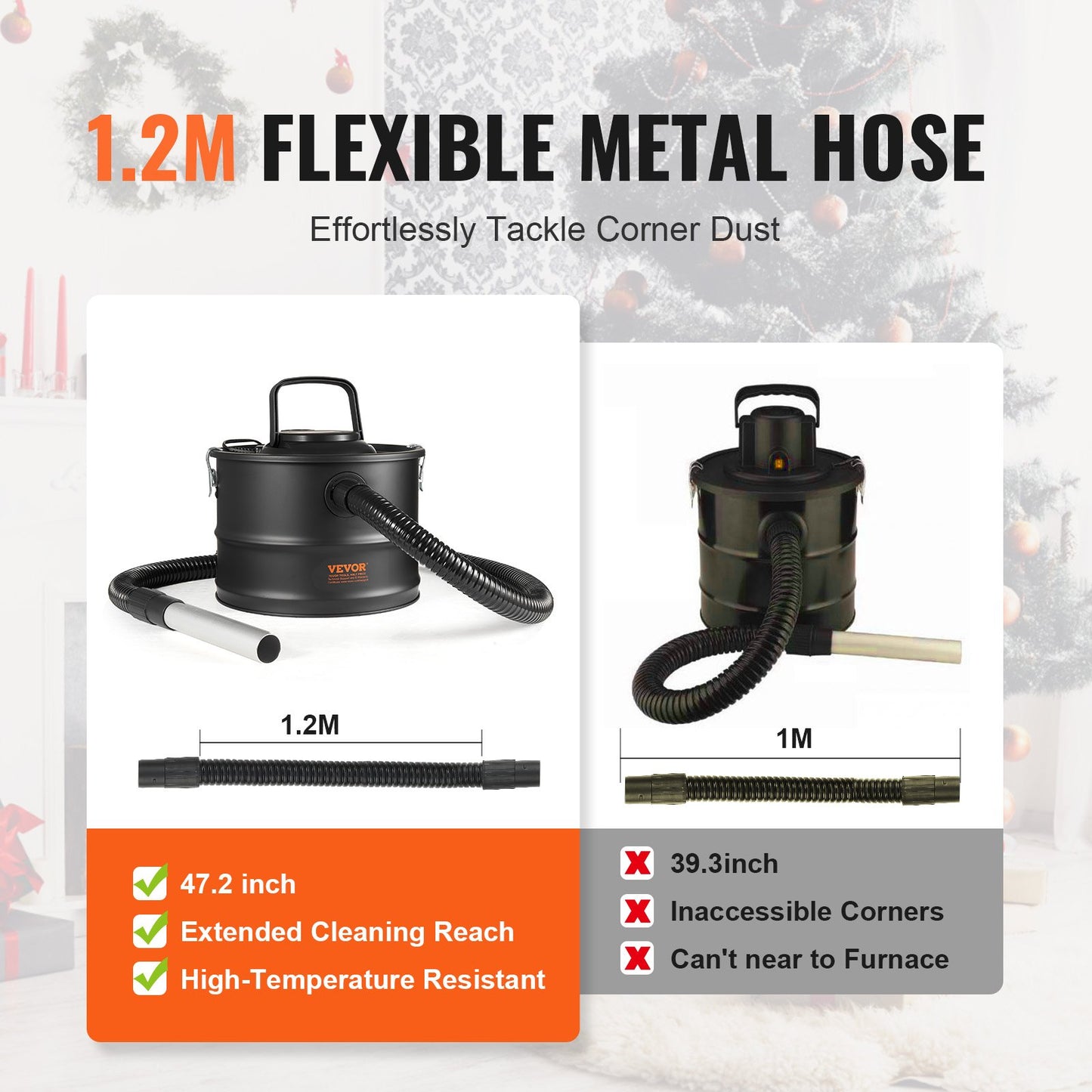 Ash Vacuum Cleaner, 15L with 1200W Powerful Suction, Fireplace Vacuum with Reverse Suction, 3M Power Cable, 16 Kpa Max. Vacuum, for Fireplaces, Pellet Stoves, Wood Stove, Log Burner