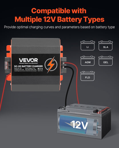 12V 30A DC to DC Battery Charger, 375W, On-Board Battery Charger for Lead-Acid, Lithium, AGM, GEL, and Flooded Batteries, Smart Multi-Stage Charging, for RVs, Commercial Vehicles, Boats, Yachts