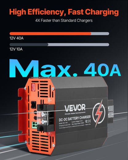 12V 40A DC to DC Battery Charger, 500W, On-Board Battery Charger for Lead-Acid, Lithium, AGM, GEL, and Flooded Batteries, Smart Multi-Stage Charging, for RVs, Commercial Vehicles, Boats, Yachts