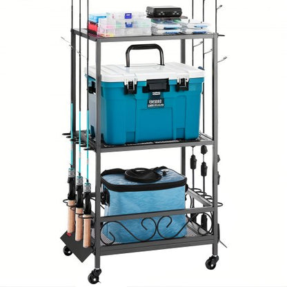 Fiskespöhållare för 10 spön, mobil spövagn med hjul, fiskeredskapsorganisatör för garage, inomhusbruk, för fiskeredskapslåda, förvaring av rulltillbehör, presenter till män