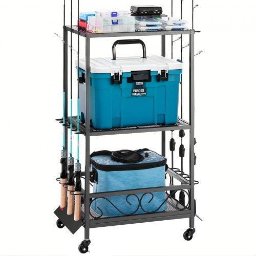 Fishing Rod Holder for 10-Rods, Mobile Fishing Pole Rack Cart with Wheels, Fish Gear Equipment Organizer for Garage Home Indoor Use, for Tackle Box Reel Accessories Storage, Gifts for Men